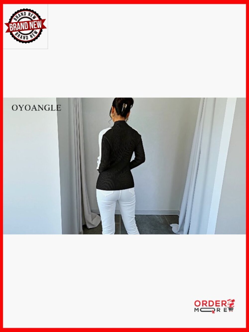 Color Block Turtleneck Pullover Sweater Ribbed Knit Long Sleeve Top - Picture 6 of 6